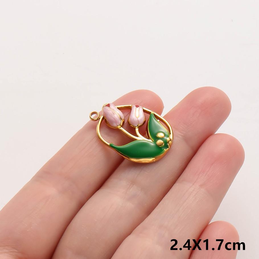 3pc Girl Pendant Hot Pink Oil Dripping Stainless Steel Plant Tree Flower Charm Pendants For Jewelry Making Supplies DIY Keychain