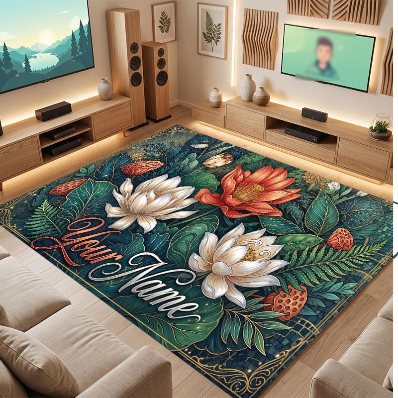 Floral Garden Theme Crystal Velvet Floor Rug Personalized Custom Name Text Warm Carpet Home Decoration