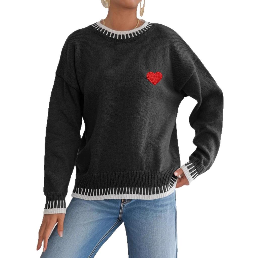 Women's Pullover Sweater Fall Winter, Contrast Color Patchwork Lapel Heart Applique Top, Casual Casual Western Ladies Clothing