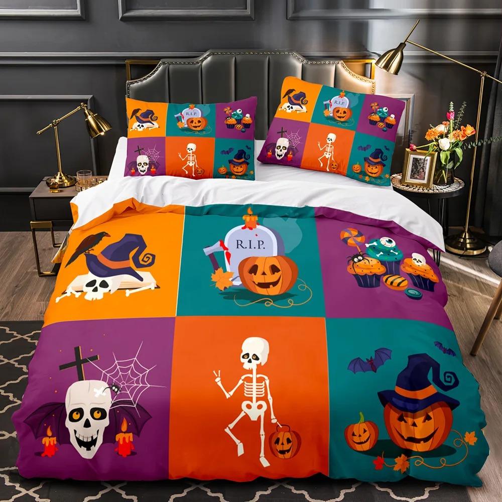 3D Print Halloween Bedding Set, Halloween Cartoon Jack O' Lantern Tombstone Skulls And Bones 2-3Pcs Polyester Duvet Cover Set
