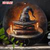 D Flat Wizard Hat Metal Sign Retro Halloween Witch Hat with Spell Books and Candles Vintage Tin Plaque Fantasy Magic Wall Ar