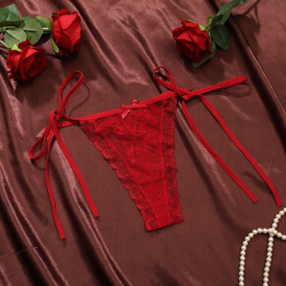 Adjustable Waist Strap Bow Lace Flower Transparent Briefs Low Waist Romantic T Panties Lady