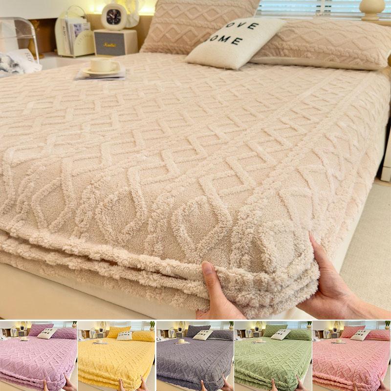 Plush Embossed Bedding with Mattress Protector, Simple Pattern Fitted Sheet, Single/Queen/King Mattress Cover Sábanas Para Cama