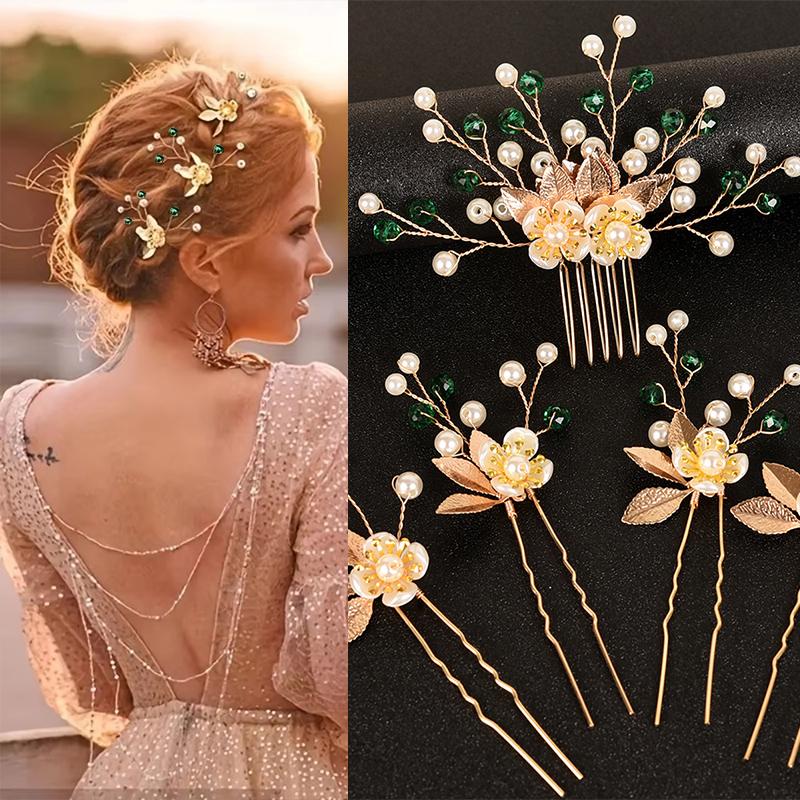 5PC Pearl Floral Ornament Leaf Vintage Gold Retro 5-Pack Exquisite Hair Clips Fairy Hair Forks Elegant