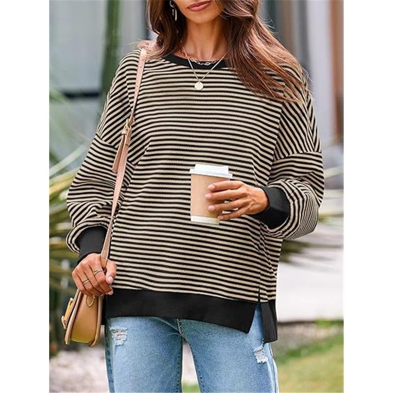 Dames Gestreept Crewneck Sweatshirt Los Oversized Lange Mouw Pullover Casual Dagelijks Blouse Top