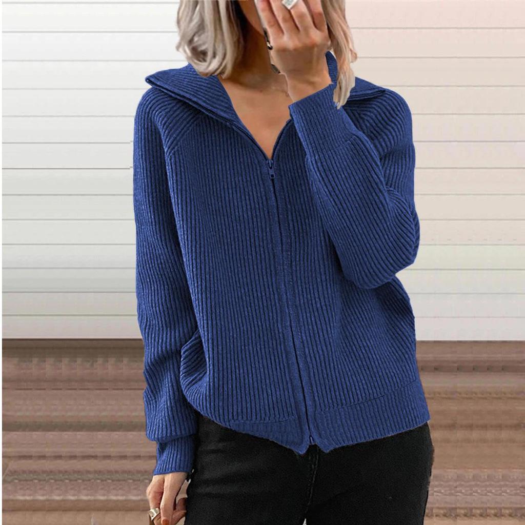 Women's Striped Knit Zip Cardigan: Autumn-Winter Loose Fit, Long Sleeve, Turn-Down Collar