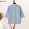 ZANZEA Women Casual Turn Down Collar Loose 3/4 Sleeve Stripe Blouse