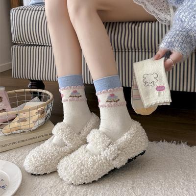 Damen Herbst und Winter Verdickt Warm Süß Schmetterling Niedlich Cartoon Bär Wolle in Der Tube Flor Socken