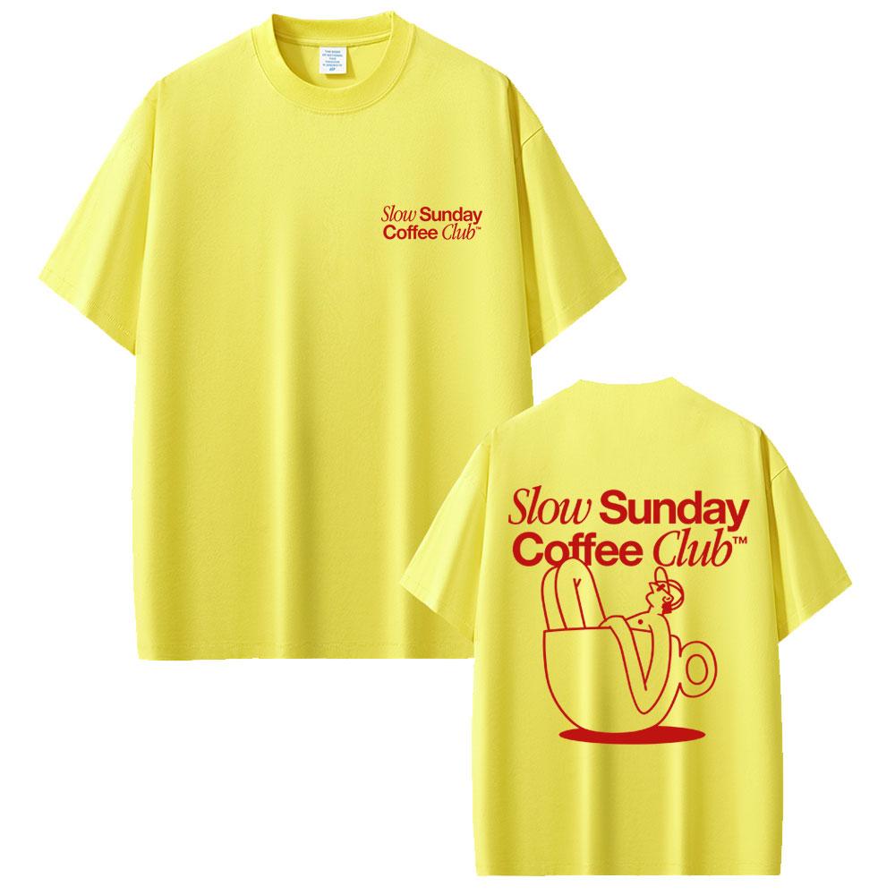 Slow Sunday Coffee Club Funny Meme T Shirt Men Women Clothing Casual Vintage Cotton Short Sleeve Tshirts Male Oversized Tshirt