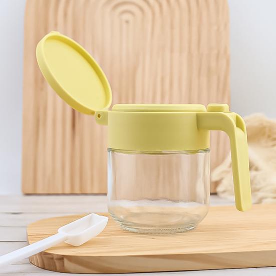 Glass Spice Jar with Airtight Lids Measuring Spoons 250ml Seasoning Bottle for Salt Sugar Seasonings Press-Type One-Hand Open Moisture-Proof Condiment