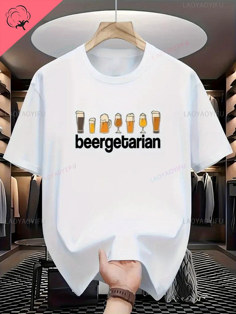 Mens Breathable Outdoor Short Sleeve Oneck Shortsleev Harajuku TShirt White Casual Summer Tee with Beer Print Design Tops