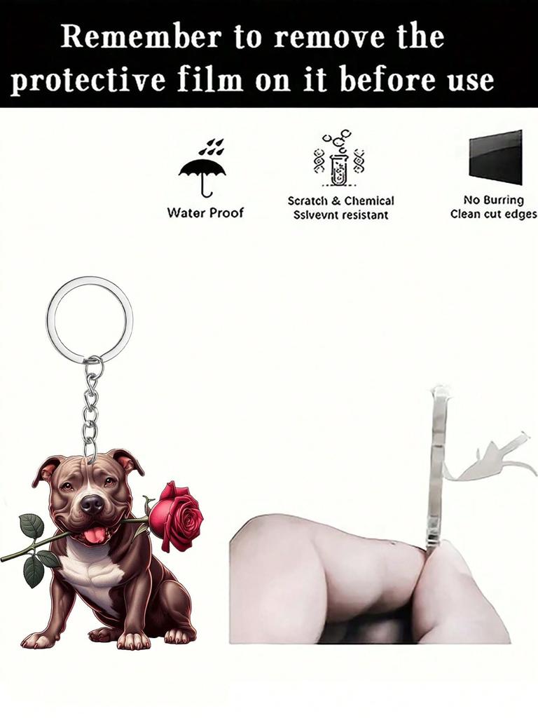 1 piece of cute little dog keychain with rose in its mouth,innovative design, DIY backpack decoration, romantic acrylic keychain