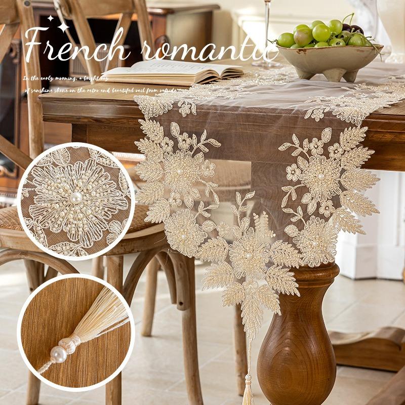 European Style Tassels Lace Table Runner With Exquisite Vintage Shabby Chic And Pearl For Holiday Wedding Long Dinner Tables