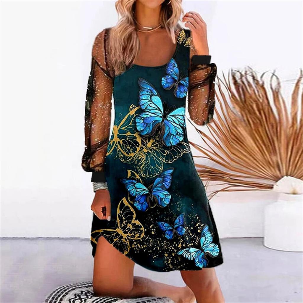 Women Dress See-through Mesh Patchwork U Neck Loose Shiny Sequin Long Sleeve Soft Irregular Hem Pullover Mini Dress