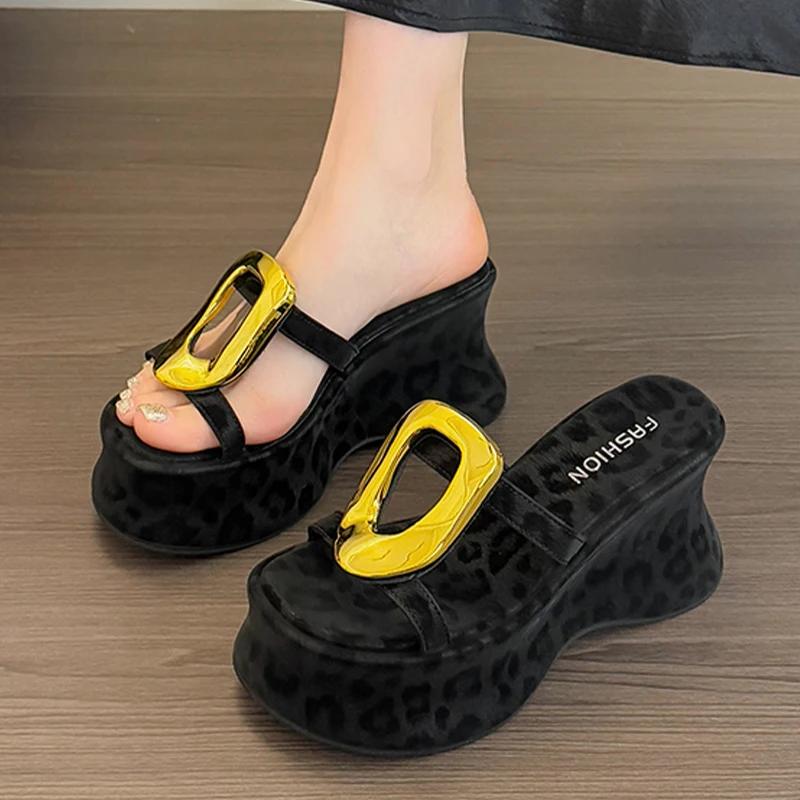 Fashion Women Slippers High Heels Leopard Shoes Dress Fashion Woman's Sandals 2025 Summer Designer Slides New Casual Sandalias De Mujer
