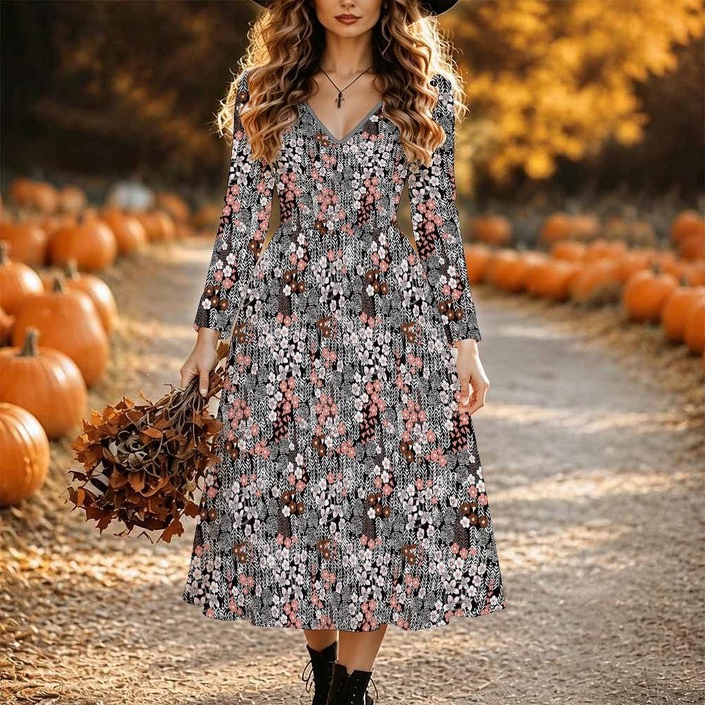 Halloween Women's Floral Pattern Print Midi Dress A Line Dress Vacation Casual Daily Regular Fit Long Sleeve V Neck Black Spring Fall