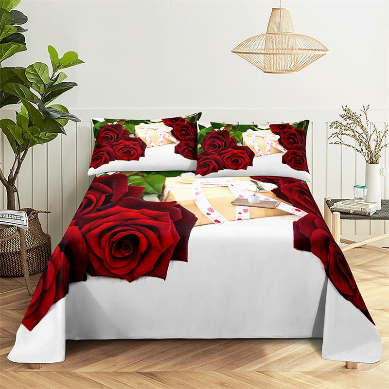 Startseite Bettlaken Rote Rose Einzelbettlaken Modedesign Blumenlaken Queen Size Bettlaken Set Bettlaken und Kissenbezüge