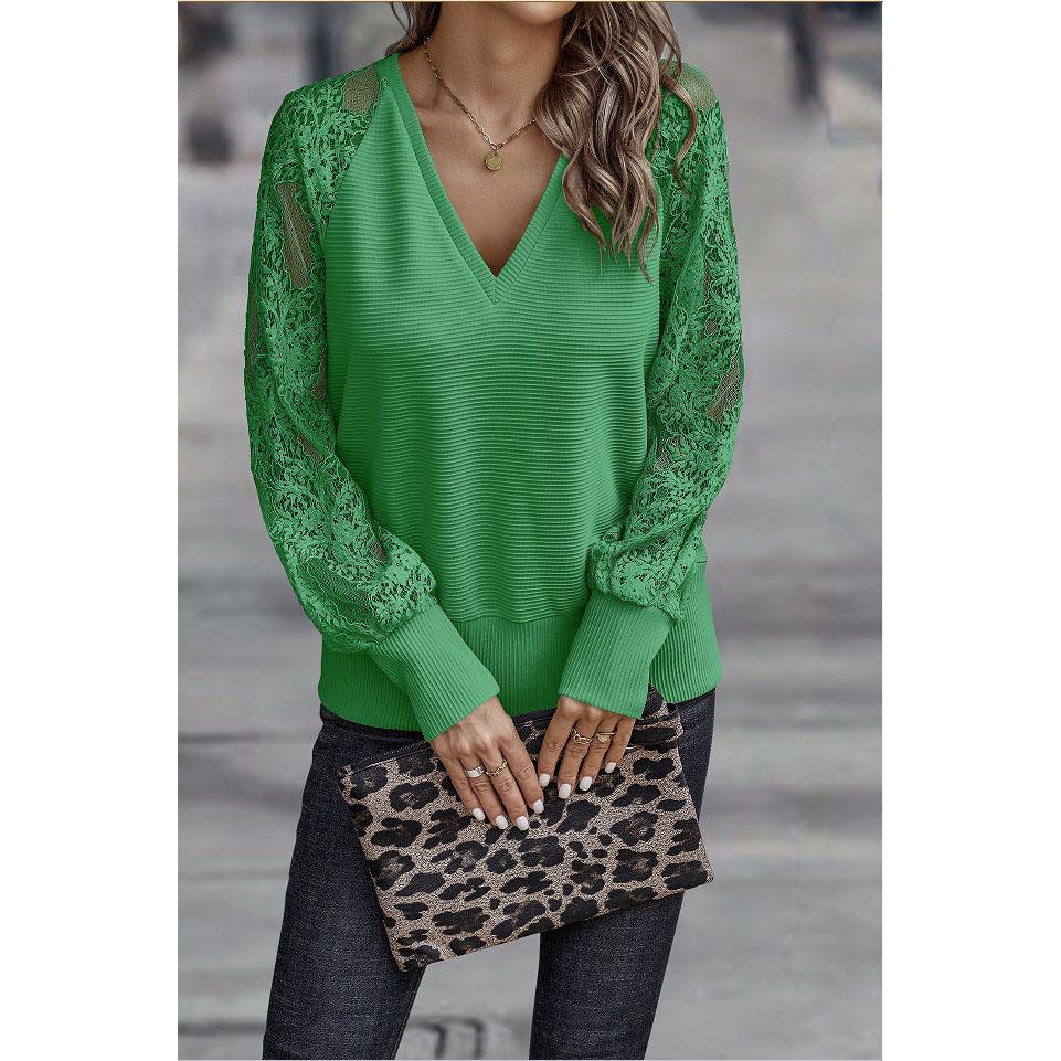 Herbst und Winter Damen Einfarbig V-Ausschnitt Langarm Gespleißte Spitze Mode Strick Damenoberteil