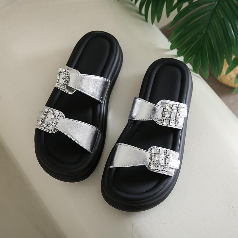 Summer 2025 New Niche Design Belt Buckle Double Belt Cool Slippers Women Wear Comfortable Thick Bottom Fashion One-word Drag