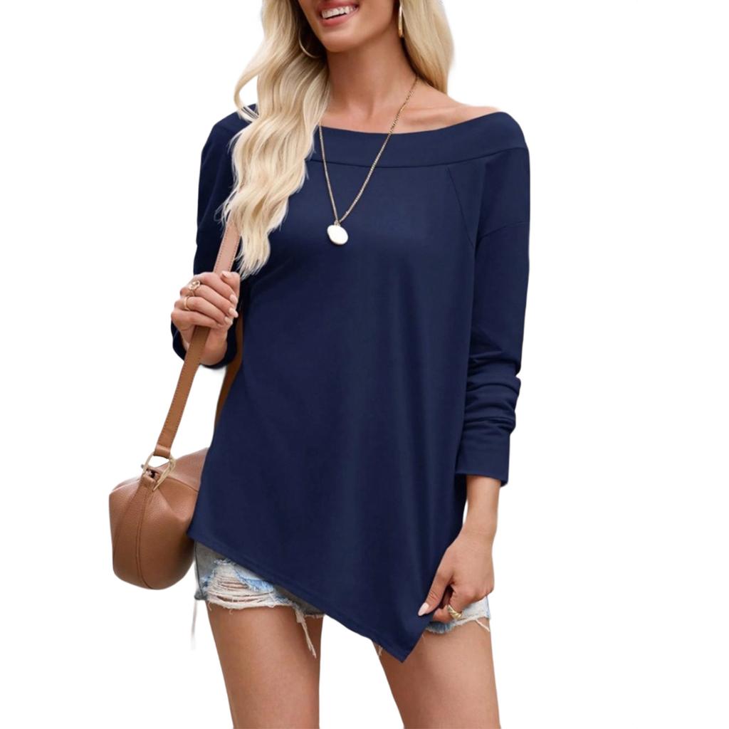 Women's Casual Off-Shoulder Long Sleeve T-Shirt with Slit Hem, Loose Fit