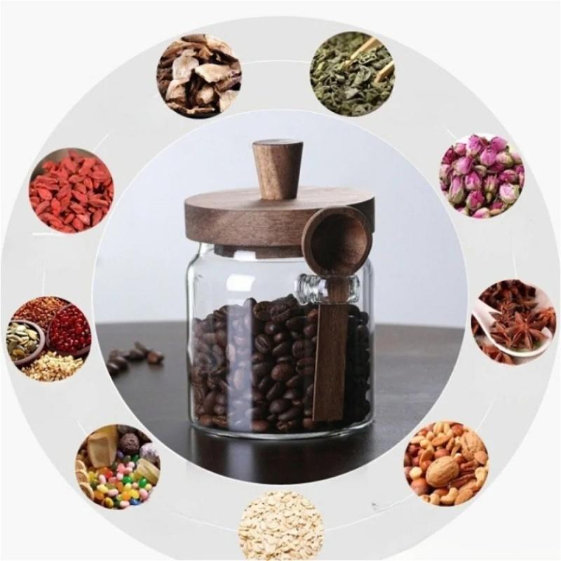Food Storage Container Glass Jar with Wooden Lid & Scoop Grain Spice Coffee Bean