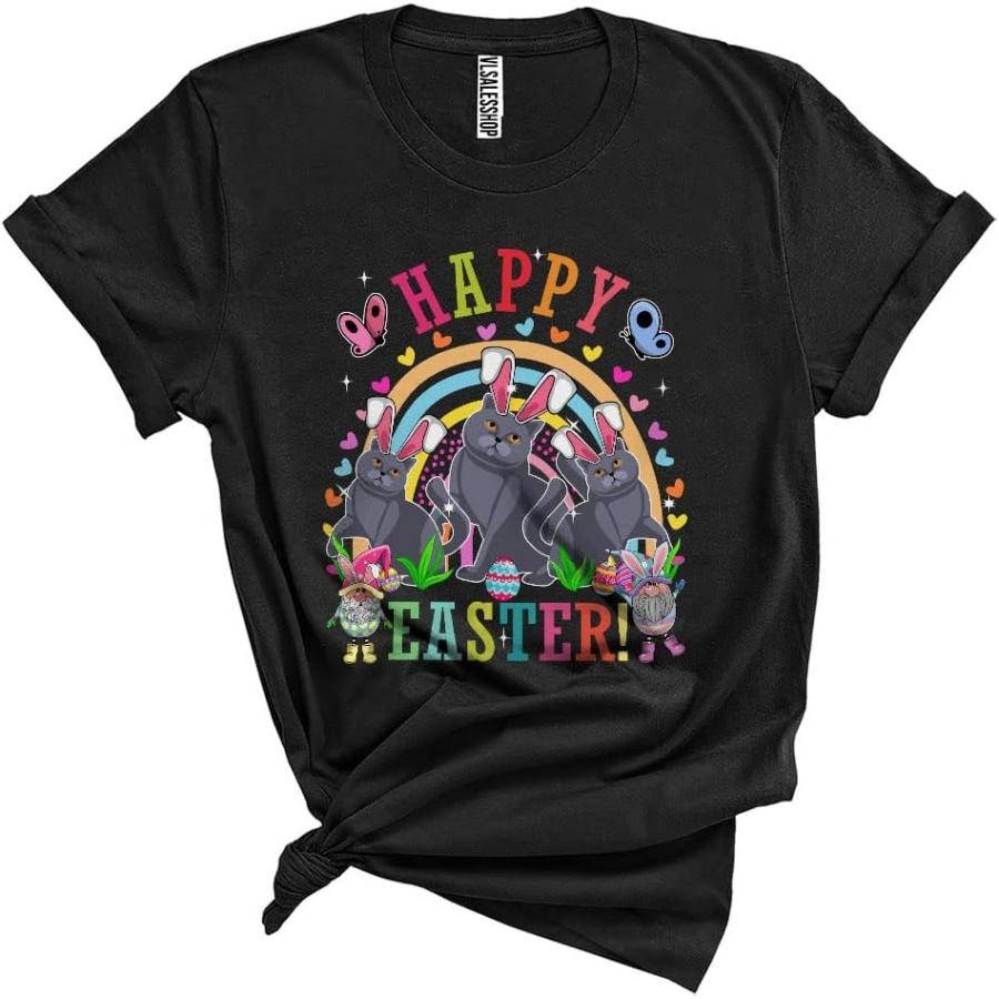 Happy Easter Cute Happy Easter Three Bunny British Shorthair Cats and Gnomes Rainbow Lover Unisex T-Shirt XXXXXL разноцветный