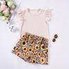 Girls Fashion Cute Solid Color Top Sunflower Printed Shorts Two-piece Set 2025 Summer Children's Casual Set