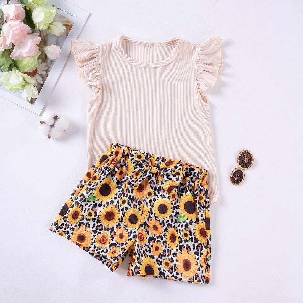 Girls Fashion Cute Solid Color Top Sunflower Printed Shorts Two-piece Set 2025 Summer Children's Casual Set
