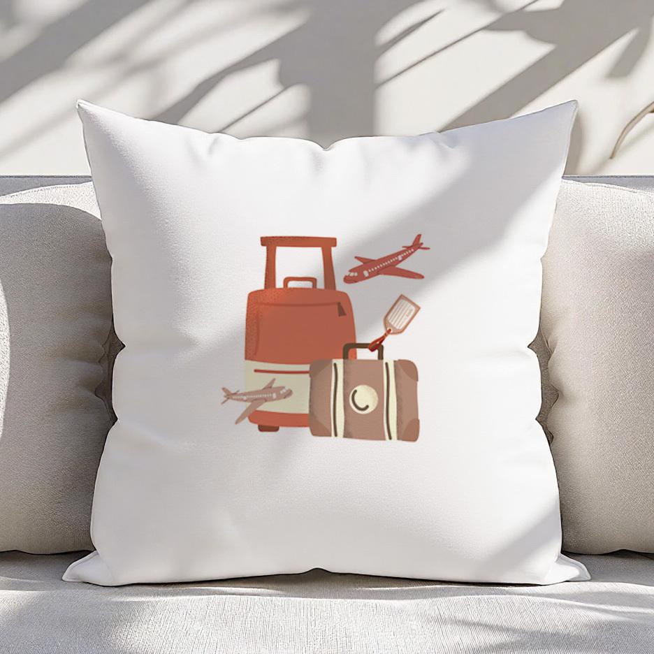 "Vintage Travel" Pillow Cover 2D Printed Polyester Sofa Cushion Case – Luggage And Airplane Design For Home Decor
