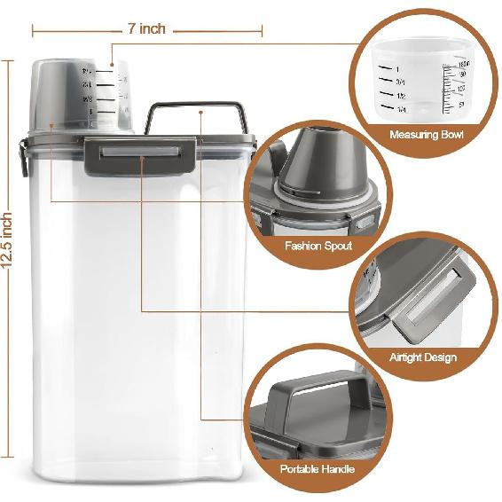 Upgraded Dog Food Storage Container Small, Cat Food Container Airtight, Pet Food Container Dispenser with Pour Spout, Measuring Cup and 4 Seal