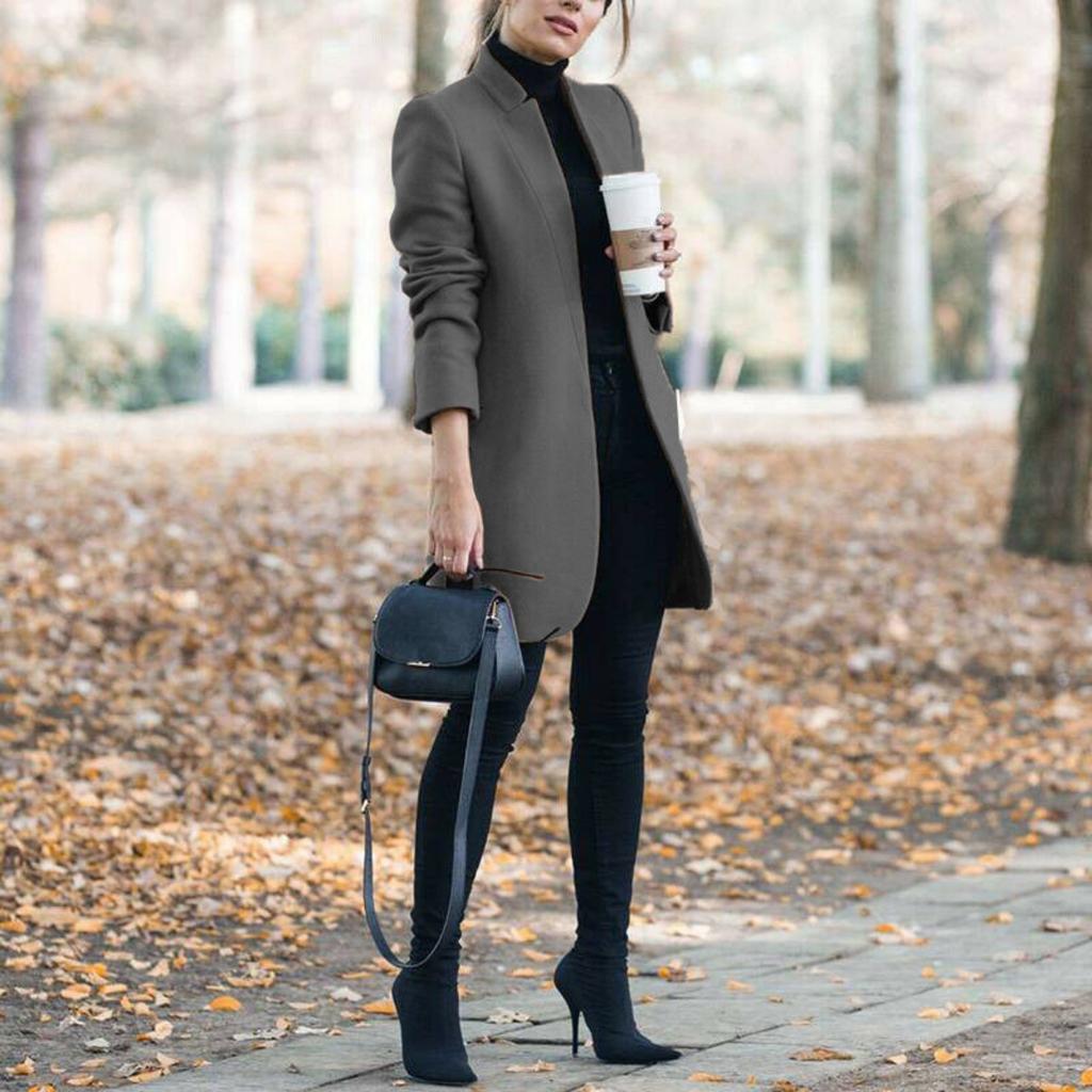 Autumn Winter New Women's Solid Color Stand Collar Woolen Coat, European American Fashion Outerwear