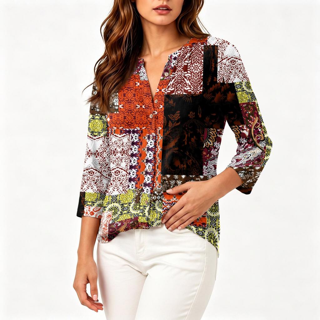 Women Vintage Floral Print Henley Button Neck Shirt Three Quarter Sleeve Linen Cotton Blouse Casual Loose Fit Top for Everyday Wear