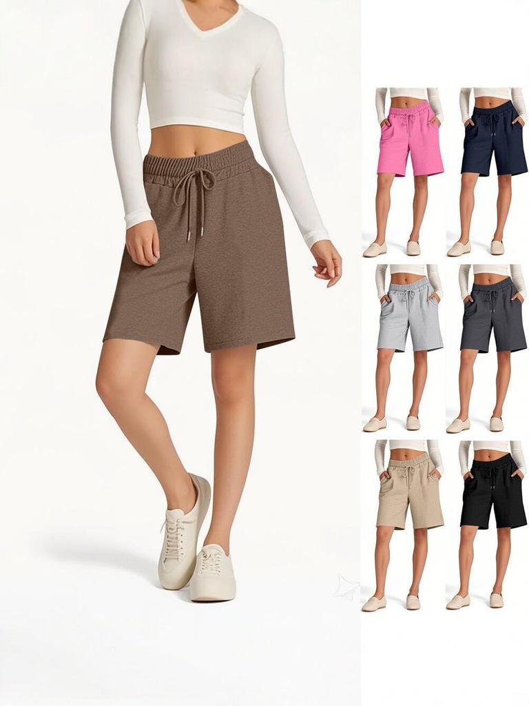 2025 Summer High Waist Drawstring Solid Color Casual Women's Shorts - Loose & Versatile Sporty Style