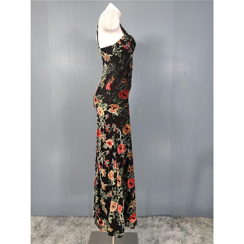 Foreign Trade Order Lu's Home Sling Flocking Flowers Sling Backless Slimming Elegant Fashion Socialite Party Sheath Dress