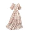 Women Summer Floral V Neck Long Dress High Waist Ruched A Line Short Sleeve