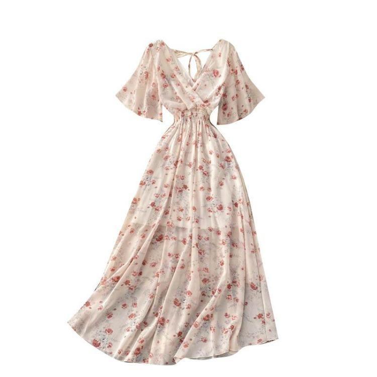 Women Summer Floral V Neck Long Dress High Waist Ruched A Line Short Sleeve