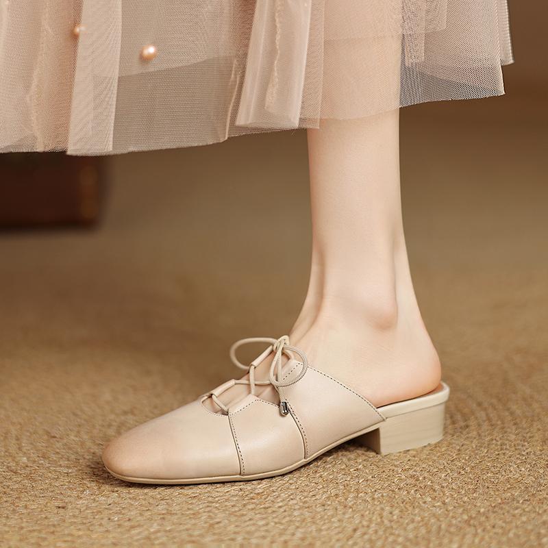 Fashion New Summer Women Mules Genuine Leather Shoes for Women Round Toe Low Heel Shoes Cover Toe Slip-on Women Sandals Retro Slippers