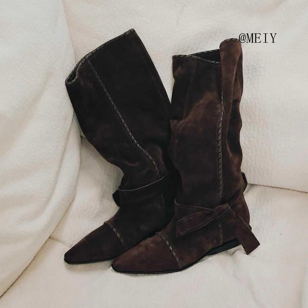 Sheepskin Version~ European and American Style Niche Pointed Hand-strung Rope Western Cowboy Boots Women's Autumn and Winter New Medium and High Boots