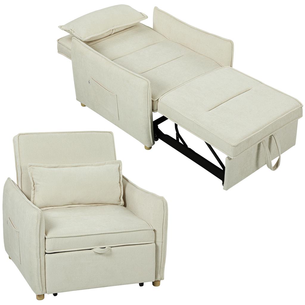 3 In 1 Convertible Armchair With Bed Function Lumbar Pillow For Living Room Cream