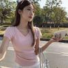 Front Shoulder V-neck Short-sleeved T-shirt Women's Summer New Simple Slim and Thin Solid Color Sweet Spice Girl Versatile Top Women