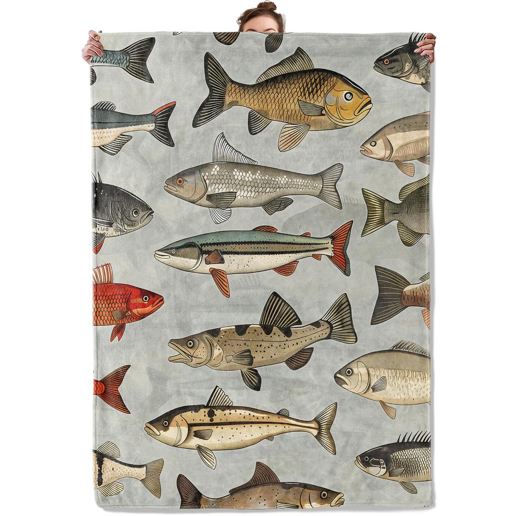 Vintage Fishery Hand Painting Different River Fish Art Print Flannel Blanket Soft Throw Couch Camping Travel Indoor Home Decor