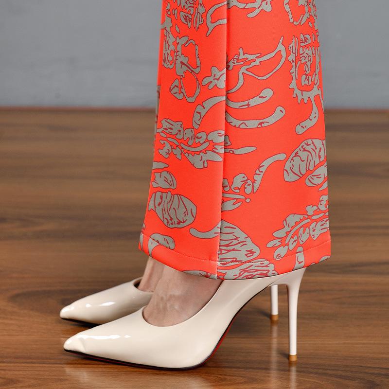 2024 Versatile Printed Micro-Flare Pants: Elastic Waist, Slimming, Stretchy Women’s Long Pants