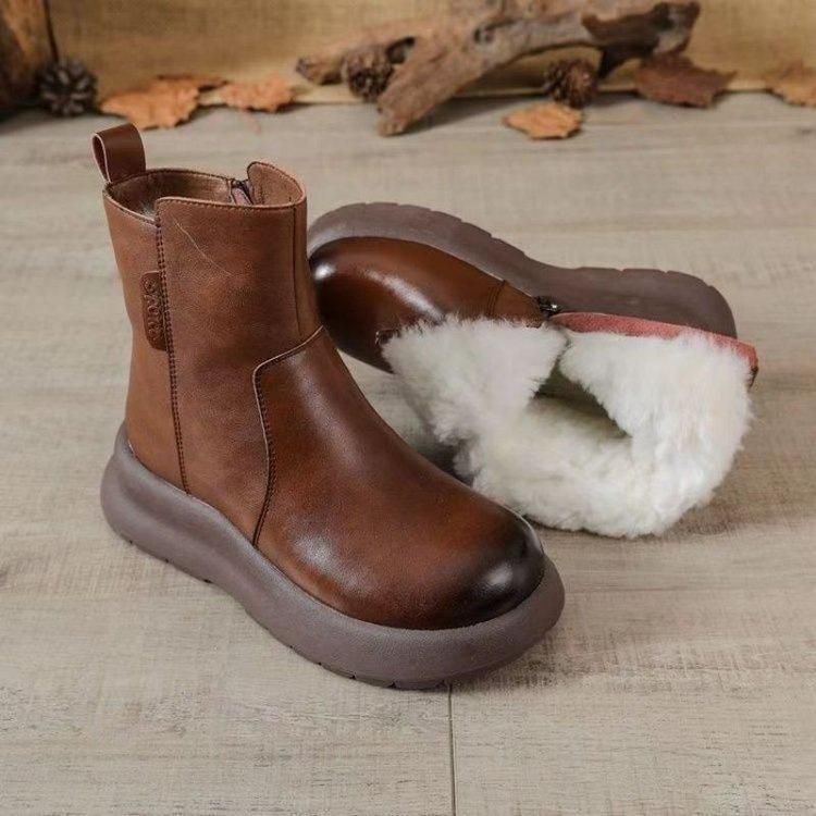 Soft-soled short soft leather Martin boots women's 2025 autumn and winter new velvet comfortable round head center heel Chelsea short boots