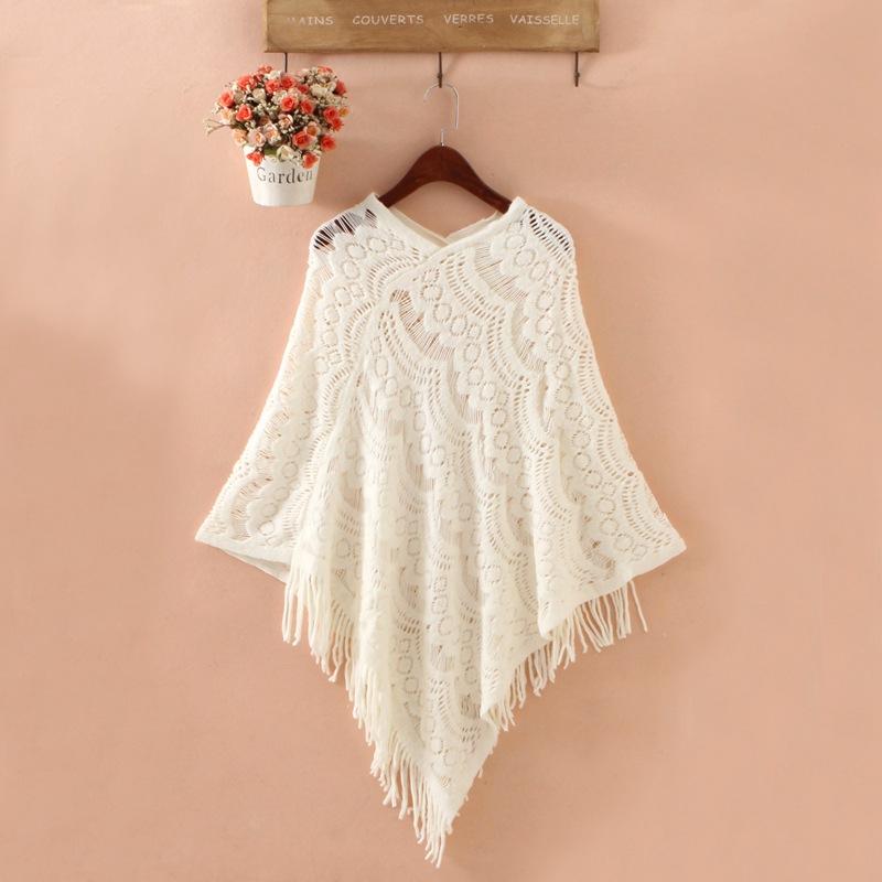 

Новая мода средней длины крючком ажурный кисточкой пуловер свитер шаль накидка вязаный покинуть белый