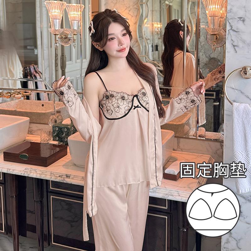 WENS Spring and Autumn Extra Soft Silk Breathable and Comfortable Women's Suspender Three-piece Set Thin Skin-friendly Pajamas Homewear Set