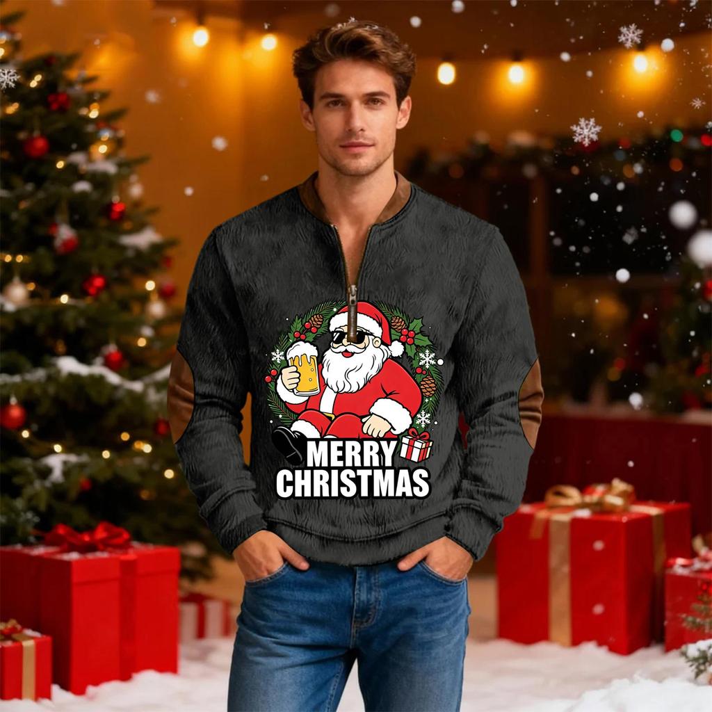 Men's Casual Christmas Print Zip-Up Sweatshirt for Holiday Parties and Everyday Wear