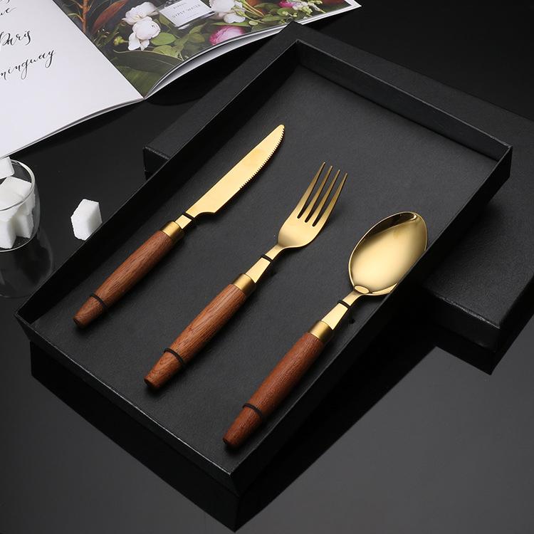 304 Edelstahl Besteck, Gabel, Löffel, Essstäbchen, Holzgriff, Westliches Essen Geschenk, Küchengeschirr komplette Sets
