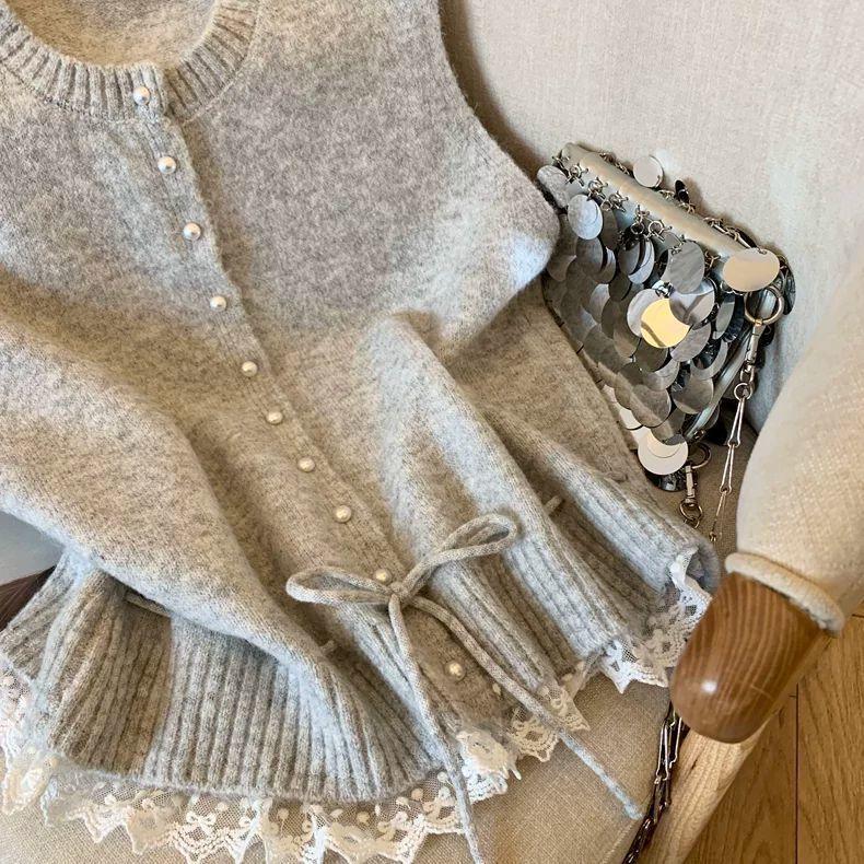 Sweater Vest Coats Women Patchwork Lace Lower Hem Lace-up Knitwear Cardigan Pearl Buckle Loose Sleeveless Round Neck Waistcoats