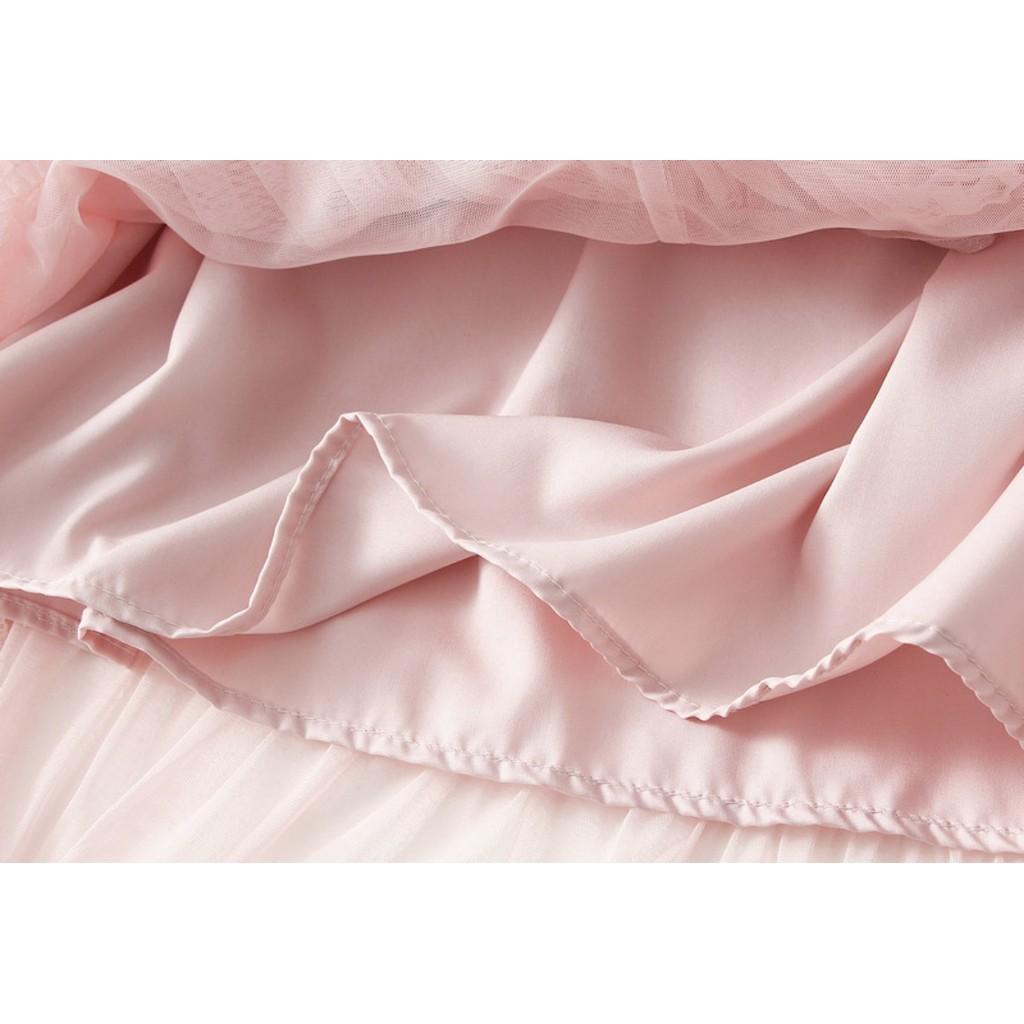Qooth Elegant Women A Line Tulle Ruffle Skirt Wide Hem Mid Length Elastic Waist Casual Skirt QT2698