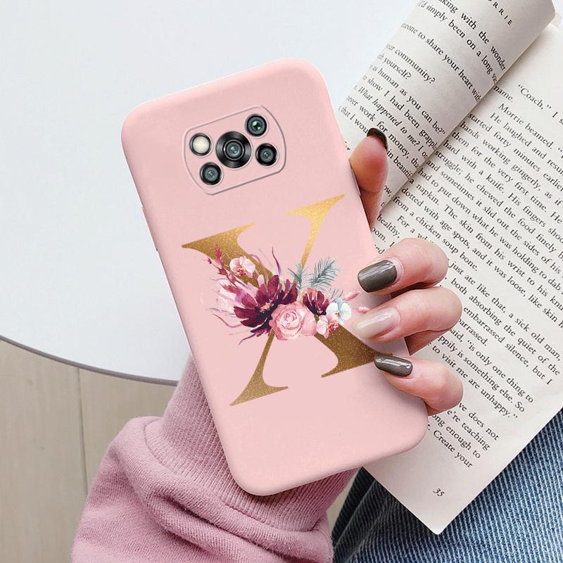 Letter Case For Poco X3 NFC PocoX3 Pro Back Cover Retro Flowers Pink Black Soft TPU Initial Fundas For Xiaomi Poco X 3 Pro Coque
